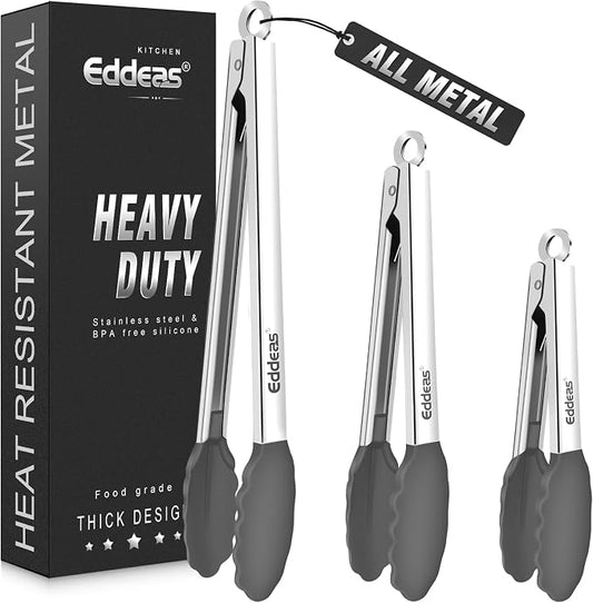 Tongs For Cooking - Silicone Metal Kitchen Tong 7" 9" & 12" Grey | 600°F Heat Resistant Silicone Tong, All Metal handle Locking Tongs with Silicone Tips, Heavy Duty Stainless steel by Eddeas
