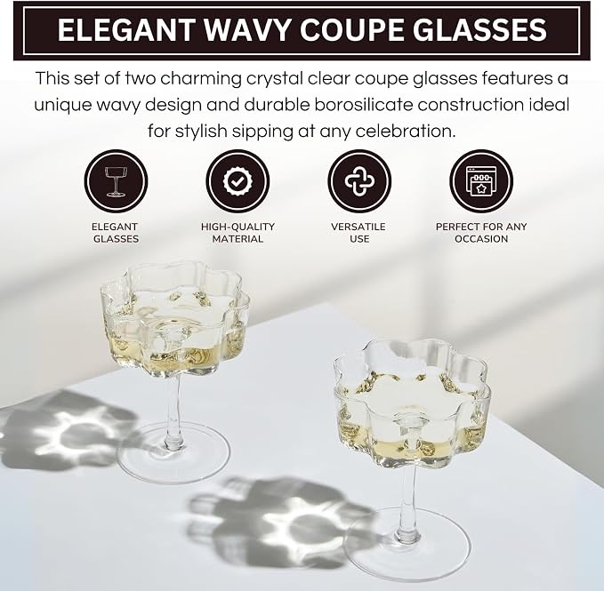 Khen Vintage Wavy Glass Coupes Martini, Champagne & Cocktail Coupes - Set of 2-7oz Colorful Cocktail Glasses & Champagne, Prosecco, Mimosa Glassware Copyright Design - Crystal Clear - Image 4