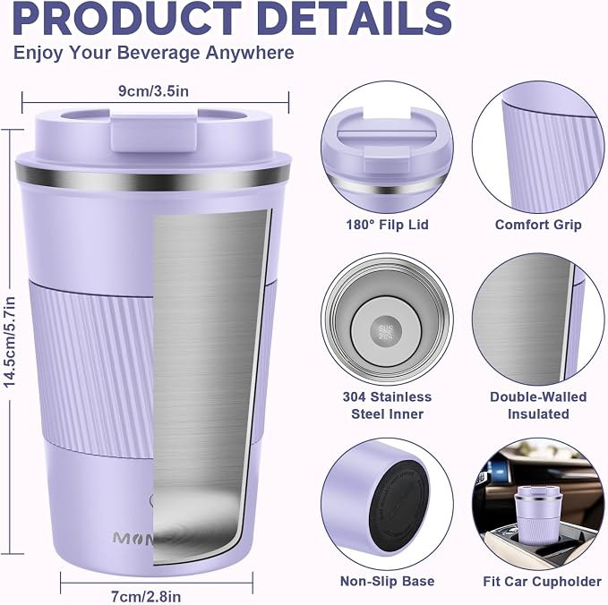 MOMSIV 12oz Travel Coffee Mug, Insulated Coffee Cup with Leakproof Lid | 6-Hour Heat Retention, 360°Leak proof, Vacuum Stainless Steel Double Walled, BPA-free, Reusable And To Go Coffee Mug - Image 2