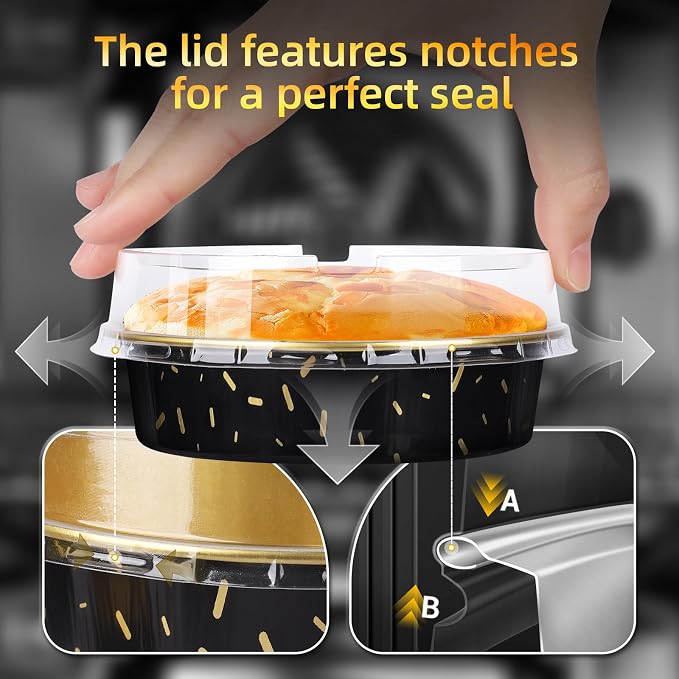Beasea Pie Tins with Lids 8oz, 120 Pack 4 Inch Disposable Mini Creme Brulee Ramekins Gold Black Small Aluminum Foil Pie Tart Cake Baking Pans Individual Round Containers Oven Safe for Baking - Image 4