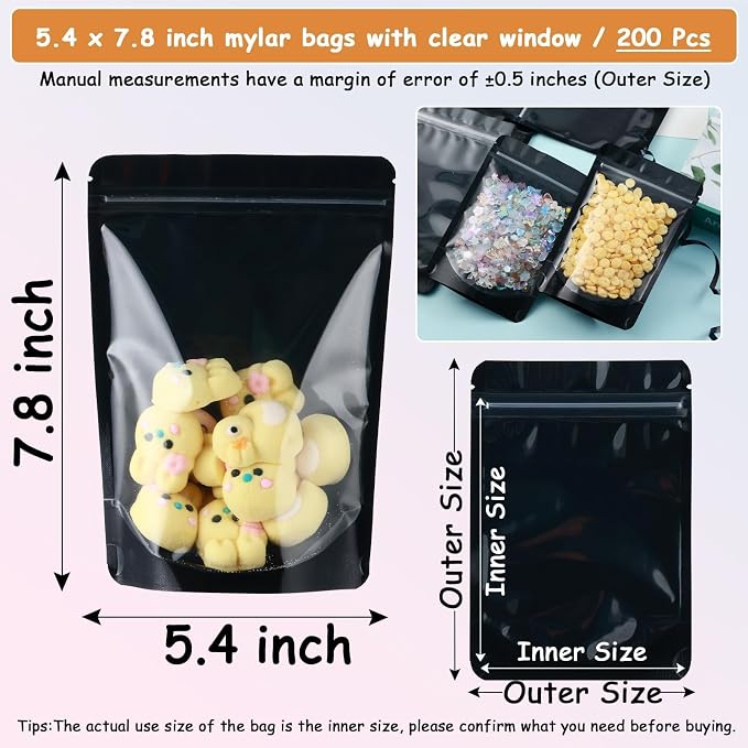 200 Mylar Bags for Food Storage 5X8 Mylar Bags with Window Candy Packaging Resealable Bags Black Stand Up Pouches Edible Packaging for Small Business - Image 5