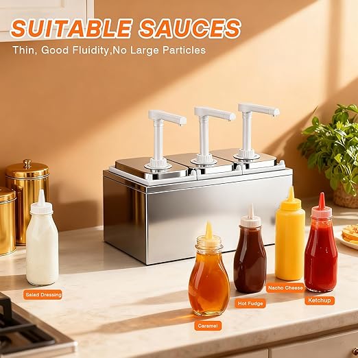2.11 Quart Stainless Steel Sauce Pump Dispenser,Condiment Pump Station Detachable Leak-Proof Design for Sauce Honey Syrup Dressing,Commercial & Home Kitchen Use (3 Heads, 2L)