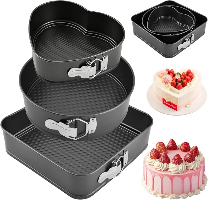 Set of 3 Springform Cake Tins Heavy Duty, Double Layer Non-Stick Coating, Removable Base, Heavy Duty Carbon Steel, Perfect for Frozen Desserts - Oven Safe Bakeware (Square Round Heart) by Unknown