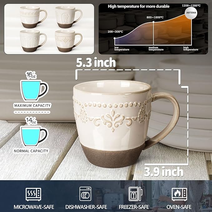 Artena Ceramic Coffee Mugs Set of 4, 16oz Embossed Large Latte Mugs Coffee Cups with Handle for Tea, Latte, Cappuccino & Cocoa, Milk Dishwasher & Microwave Safe, White (Damask Floral) - Image 2