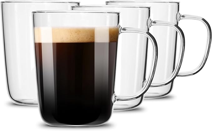 LUXU Glass Coffee Mugs, 17 oz Ice coffee cups,Large Beer Mugs Set of 4 | Everyday Drinkware,Water Glass,Glass Drink Tumblers,Bar Glassware,Borosilicate Glass Mugs with Handle for Hot/Cold Beverages by LUXU