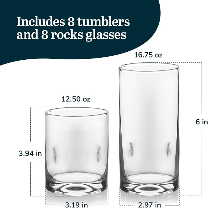 Libbey Impressions 16-Piece Tumbler and Rocks Clear Drinking Glasses, 8 16.7oz & 8 12oz Double Old-Fashioned Glass Drinking Cups Set - Image 3