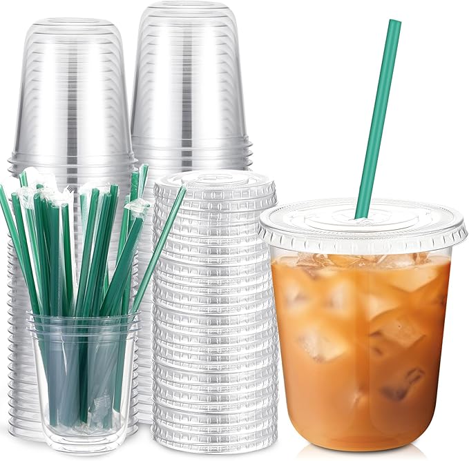 Baderke 25 Set Plastic Cups with Lids and Straws, Disposable Plastic Iced Coffee Cup for Cold Beverage Juice Smoothie Crystal for Coffee Shops Party Catering(Clear,14 oz) by Baderke