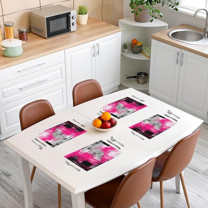 Feelyou Hot Pink Grey Table Place Mats, Boys Girls 18"x12" Abstract Geometric Placemats Set of 4 for Kids Geometric Placemat for Kitchen Dining Table Decor Indoor Outdoor Buffalo Check - Image 3
