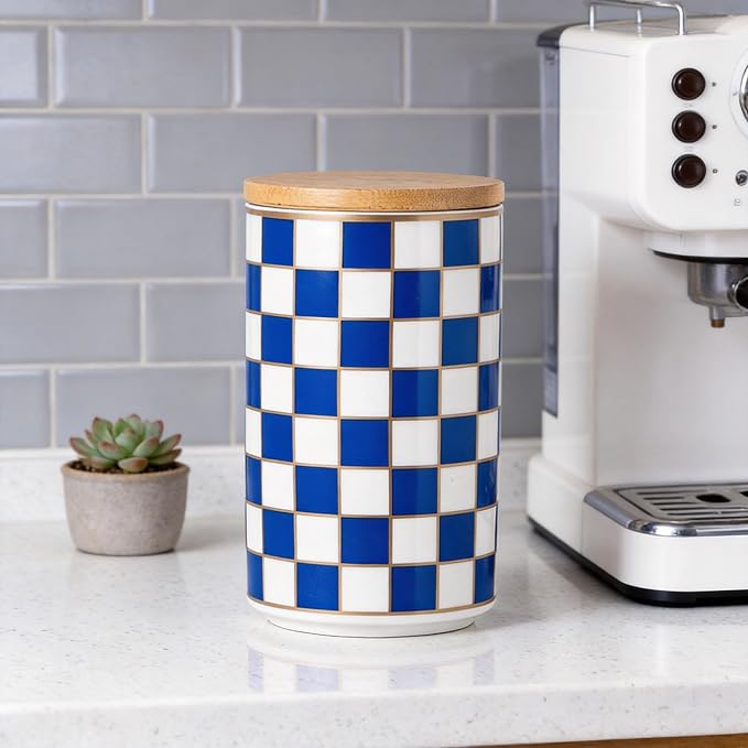 Kitchen Countertop Ceramic Checkered Canisters,Black And White Food Storage Containers With Lid,Airtight Kitchen Canisters for Flour, Sugar, Coffee, Tea, and Dry Goods (Blue, Large) - Image 6