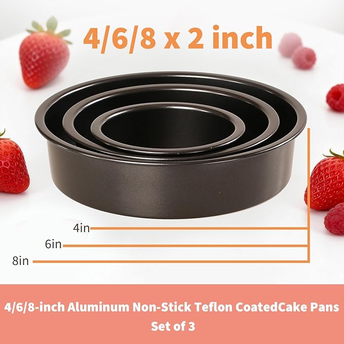 3-Piece Round Cake Pans Set (4", 6", 8"), Heavy-Duty Carbon Steel Baking Pan Set for Layer Cakes and Deep Dish Pizzas, Non-Stick Professional Tiered Cake Molds, Straight Side & Dishwasher Safe, Grey - Image 4