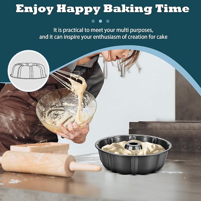 P&P CHEF 10 Inch Gray Non-stick Cake Pan, Carbon Steel, 2 Pieces | Fluted Tube Round Baking Pan for Pound Cake, 10-Cup Large Capacity Bakeware, Healthy & Heavy Duty - Image 7