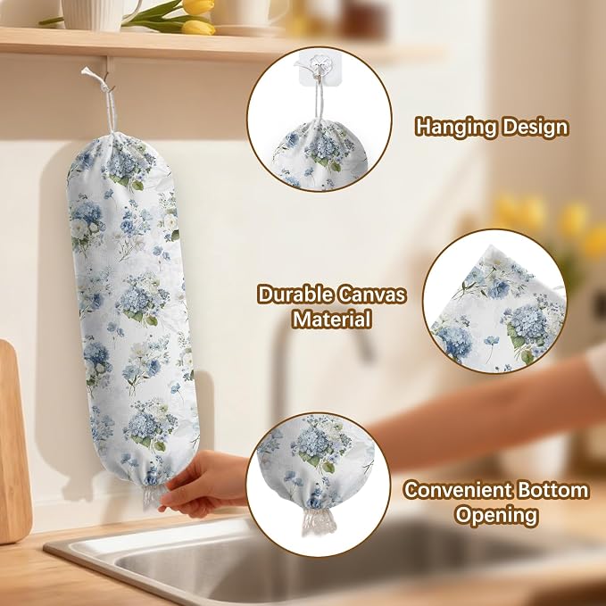 Plastic Bag Holder Dispenser, Floral Plastic Grocery Bag Organizer & Wall Mount Paper Trash Bags Saver Storage for Kitchen Home Pantry Decor, Hydrangea Floral Kitchen Decor - Image 3