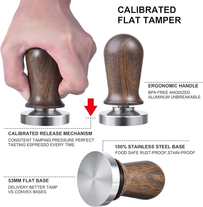MATOW 53mm Calibrated Espresso Tamper, Calibrated Coffee Tamper with Spring Loaded Wooden Handle Stainless Steel Flat Base, Professional Barista Espresso Hand Tamper