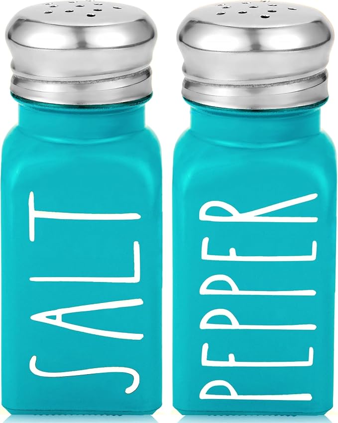 Teal Salt and Pepper Shakers Set by Brighter Barns - Turquoise Kitchen Decor & Turquoise Kitchen Accessories - Cute Modern Farmhouse Glass Shakers for Restaurants Wedding & Stainless Steel Lid (Teal) by BrighterBarns
