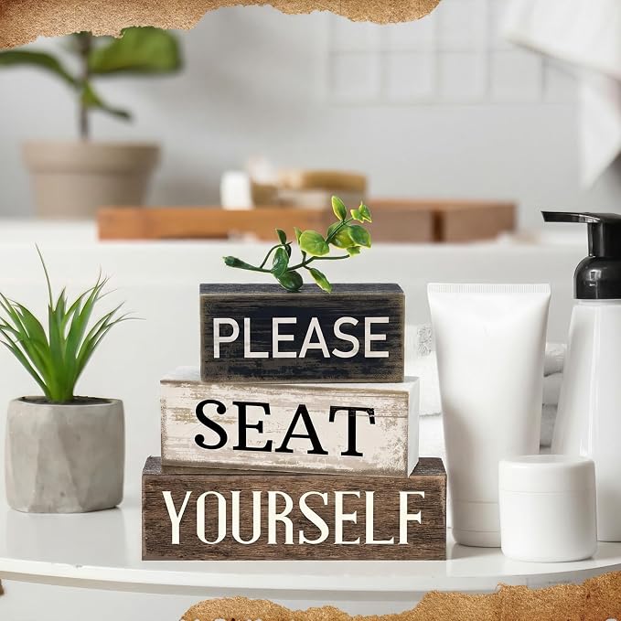 Moucuny 4 Pcs Bathroom Shelf Decor Farmhouse Bathroom Decor and Accessories Please Seat Yourself Sign Rustic Eucalyptus Leaves Wood Block Sign Gift Home Table Centerpiece for Home Office - Image 6