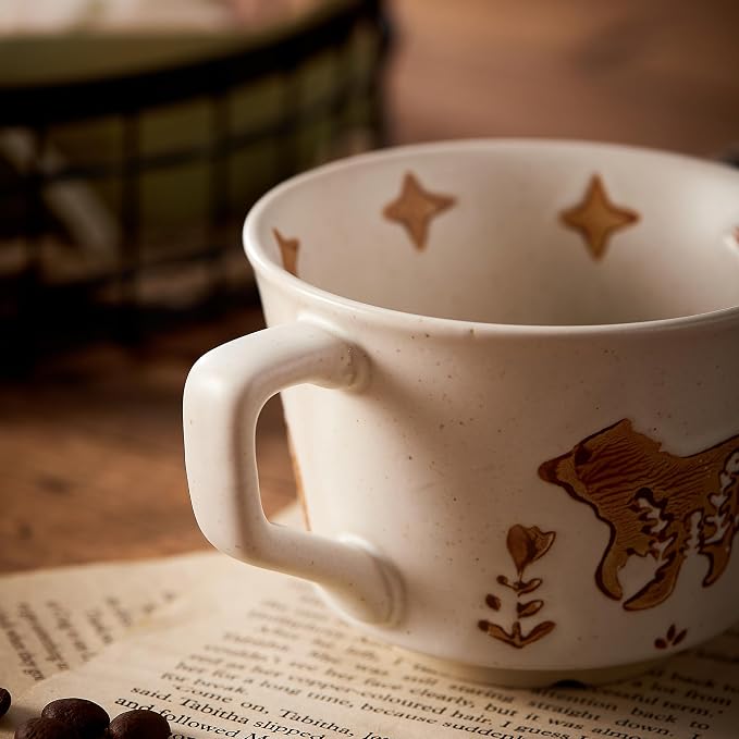 12oz Vintage Ceramic Coffee Mug Set of 4 - Handmade Stoneware Pottery Countryside Farmhouse Fall Autumn Tea Mugs with Big Handle for Latte,Cocoa,Dishwasher & Microwave Safe Cups (Animals) - Image 4