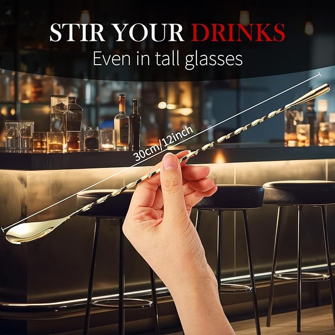 Boao 4 Pcs 12 Inch Cocktail Spoon Coffee Spoons Bar Stirring Spoon Long Handle Stainless Steel Cocktail and Coffee Mixing Tool for Homemade Barista/bartender (Golden)