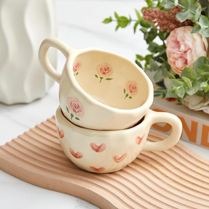 Vesici 2 Pcs Ceramic Coffee Mugs with Spoon, Vintage Floral Spring Mugs with Handle, 8.5 oz Aesthetic Flower Porcelain Tea Cup Set, Dishwasher & Microwave Safe Mothers Day Gifts for Mom(Heart,Rose) - Image 6