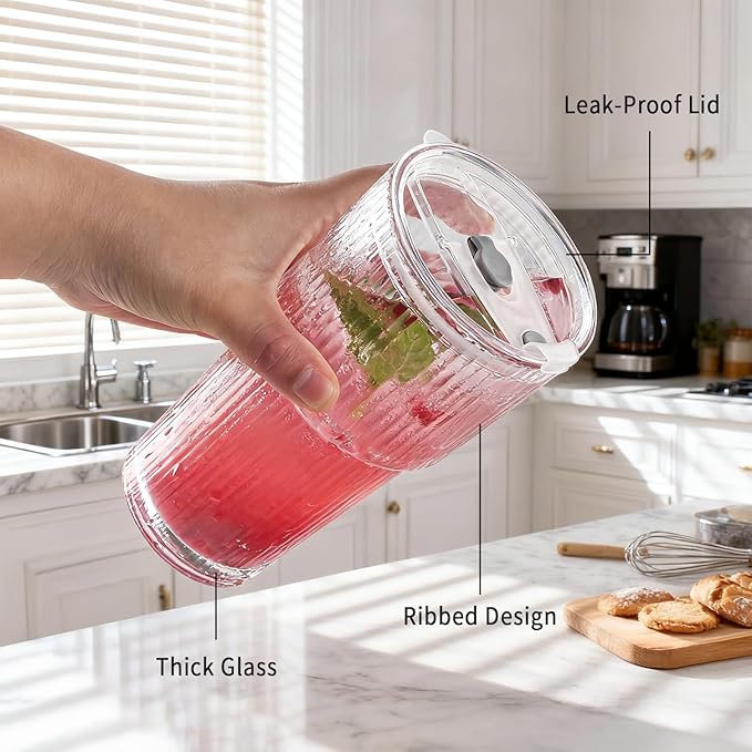 20oz Glass Cups with Lids and Straws, Premium Thick Ribbed Drinking Glass Tumbler Set for Iced Coffee, Smoothies, Cocktails, Beer and Juice, Clear, 2 Pack