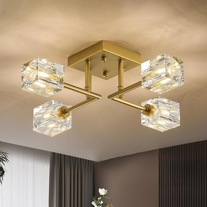 Modern Gold Sputnik Chandeliers 4-Light Crystal Semi Flush Mount Ceiling Light Fixture Industrial 18" Chandelier for Hallway Entryway Kitchen Bedroom Dining Room by PoemoonLighting