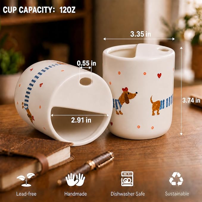 Ceramic Travel Coffee Mug 12 OZ, Cute Dachshund Pattern Coffee Cup, Handmade Style Ceramic Coffee Mug with Sip Hole for Women Men, Office Home Kitchen Gift - Image 6