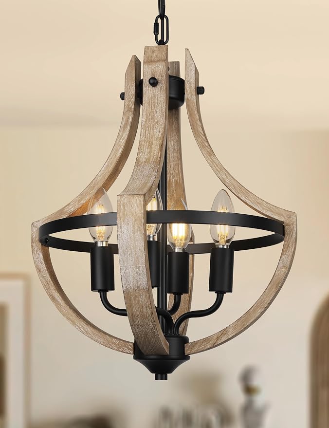 4-Light Farmhouse Dining Room Light Fixture, Adjustable Height Hanging Wood Vintage Pendant Lights for Kitchen Island Hallway Foyer Entryway Breakfast Area Bedroom by Klgxnrd