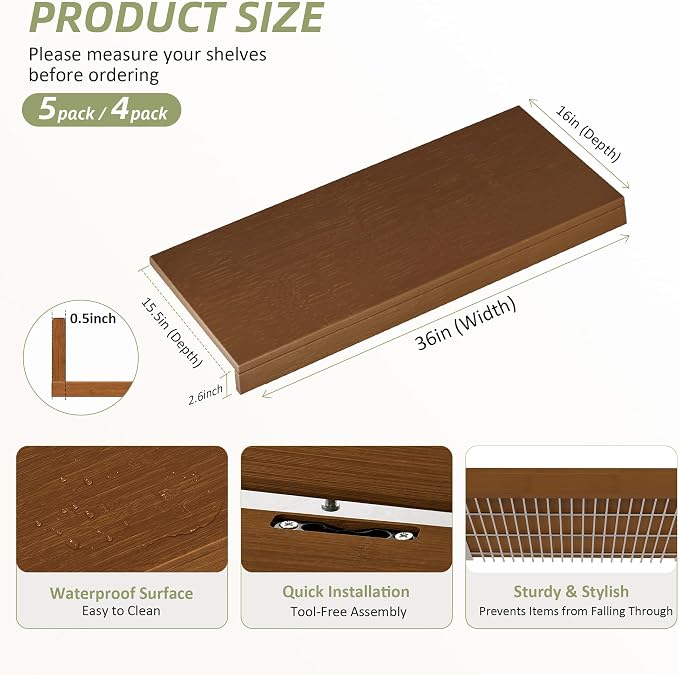 Wire Shelf Covers, Bamboo Wire Rack Covers for Pantry, Closet，Kitchen (4pcs, 36" W x 16" D, Walnut) - Image 2