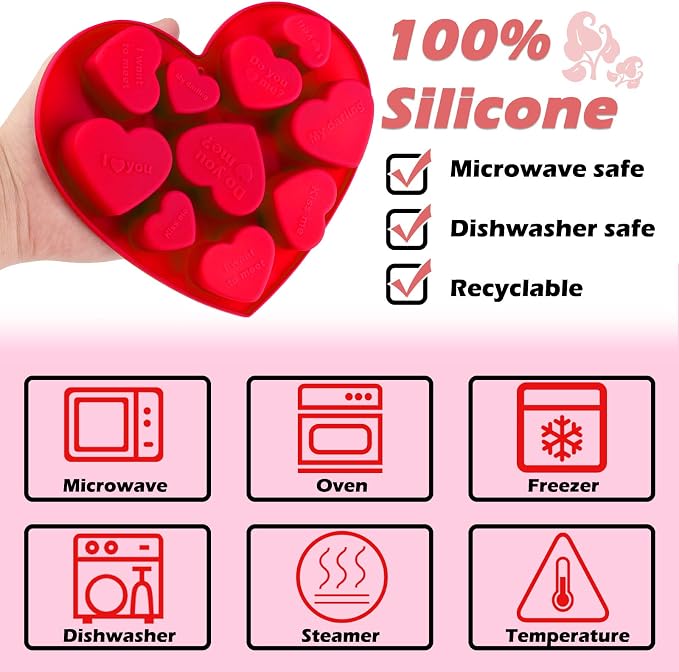 Patelai 4 Pieces Conversation Heart Molds Mixed Size 40 Holes Valentine's Day Heart Shaped Silicone Molds Non Stick for Chocolate Fondant Jelly Pudding Dessert Baking Candy(Red, Pink) - Image 6