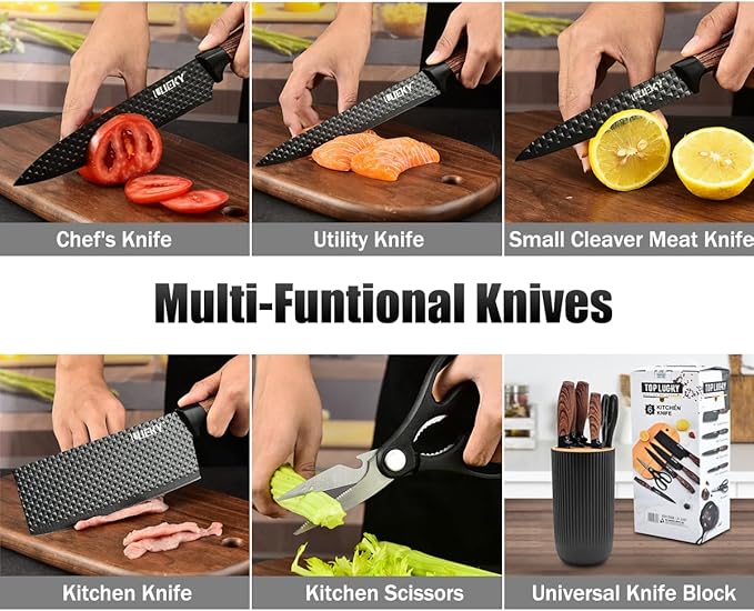 Knife Set, Wiztoynia 6-Piece Black Kitchen Knife Set for Home, Anti-Rust Non-stick Stainless Steel Sharp Chef Knife Set with Universal Knife Block for Kitchen, Ergonomical Design (Black) - Image 4