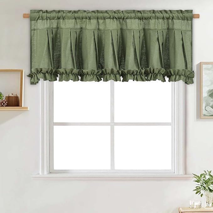 Likiyol Linen Valances for Windows Farmhouse Window Valances with Ruffle Rustic Country Light Filtering Kitchen Valance Curtains Rod Pocket Valance for Bathroom Cafe, Green, 52" W X 18" L - Image 8