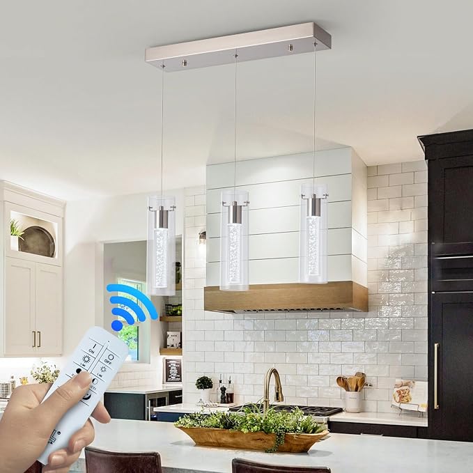 Pendant Lights Kitchen Island with Remote Control, Dimmable Brushed Nickel & Clear Cylinder, Adjustable Height Kitchen Pendant Lights, Island Lights for Kitchen, Modern Lighting Fixture by Bestwest
