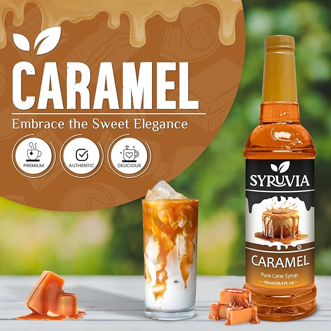 Syruvia Caramel Syrup - 25.4 fl oz. Premium Coffee Flavoring Syrup. Kosher, and Gluten-Free. Perfect for Enhancing Drinks, Sodas, Shakes, Desserts, and More With Pump (Pack of 3)
