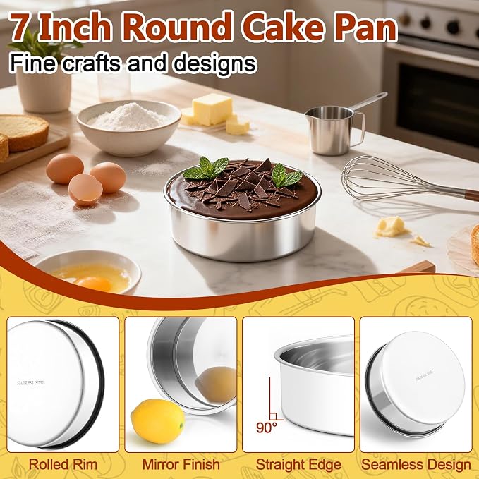 P&P CHEF 7 Inch Cake Pan Set of 1, Stainless Steel Round Cake Baking Pan | Layer Cake Tin Bakeware for Cooking Steaming, Ideal for Birthday Wedding Anniversary, Fit for Home & Commercial Use - Image 3
