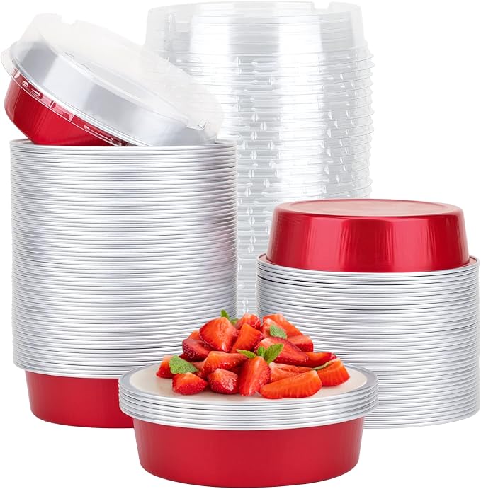 Beasea Disposable Mini Pie Tins with Lids, 100 Pack 4” 8oz Bright Red Aluminum Baking Foil Tins Small Round Tart Container for Individual Dessert Cupcake Muffin Cheesecake Ramekin Quiche Oven Dishes by Beasea