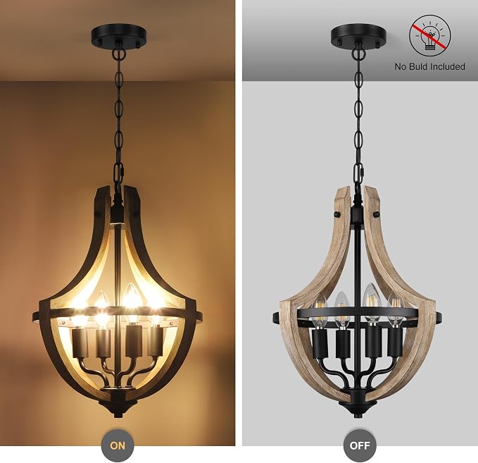 4-Light Farmhouse Dining Room Light Fixture, Adjustable Height Hanging Wood Vintage Pendant Lights for Kitchen Island Hallway Foyer Entryway Breakfast Area Bedroom - Image 5