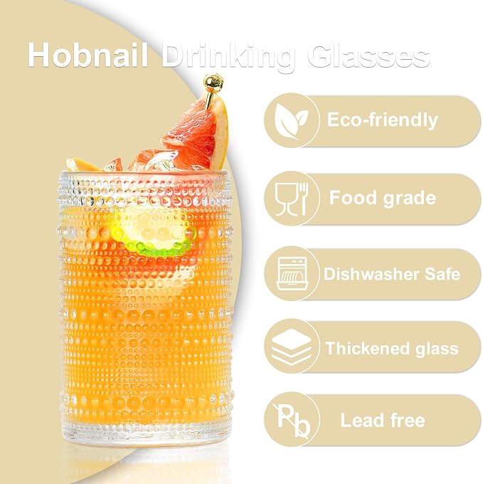 Hobnail Drinking Glasses Set of 12, 12 oz Highball Glassware & 10 oz Cocktail Glasses, Vintage Embossed Beaded Glass Cups for Kitchen,Beer,Soda, Whiskey,and Beverages,Dishwasher Safe - Image 4