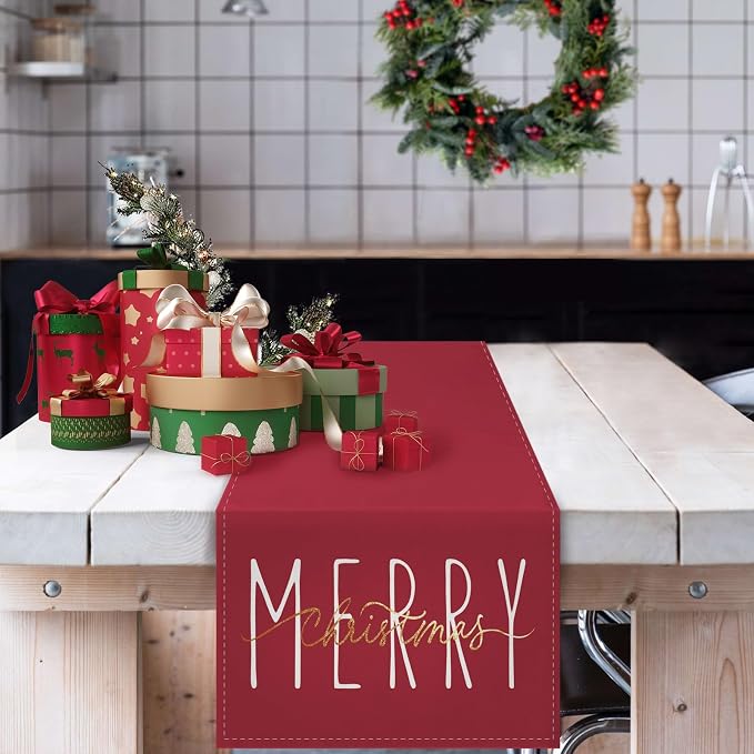 ONWAY Merry Christmas Gold Table Runner Winter Xmas Holiday Kitchen Dining Farmhouse Table Decor for Indoor Outdoor Home Party Decorations 13x72 Inch Red - Image 2