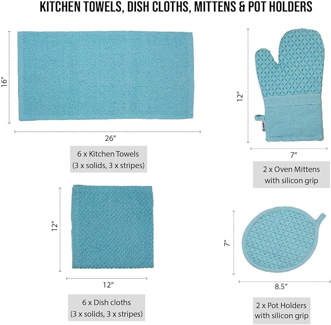 Lane Linen 16Pc Kitchen Towel Set - Heat Resistant Oven Mitts & Pot Holders, Reusable Dish Cloths, Absorbent Hand Towels - Aqua - Image 2