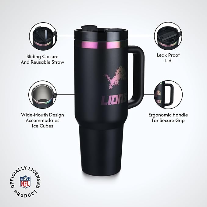 The Memory Company NFL 40oz Iridescent Tumbler - Double-Wall Vacuum Insulated Stainless Steel Water Bottle - Team Spirit Travel Cup with Handle, Lid and Straw, Hot and Cold Drink Container