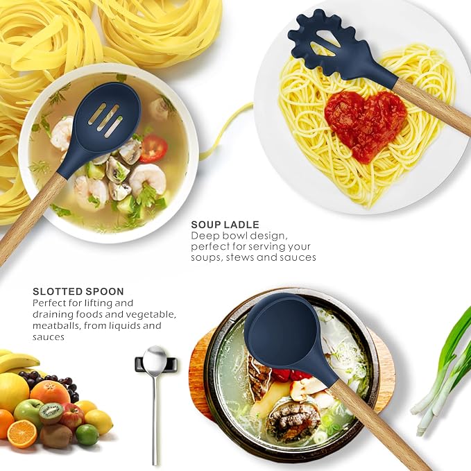 oannao Silicone Cooking Utensils Set - 446°F Heat Resistant Silicone Kitchen Utensils for Cooking,Kitchen Utensil Spatula Set w Wooden Handles, BPA FREE Gadgets for Non-Stick Cookware (Navy Blue) - Image 2