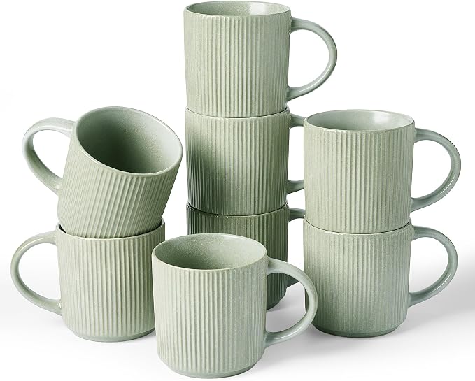 famiware Coffee Mug Set for 8, Star 12 oz Catering Mugs Cup Set with Handle for Coffee, Tea, Cocoa, Milk - Ceramic Stoneware Drinkware Set, Matte Green by Famiware