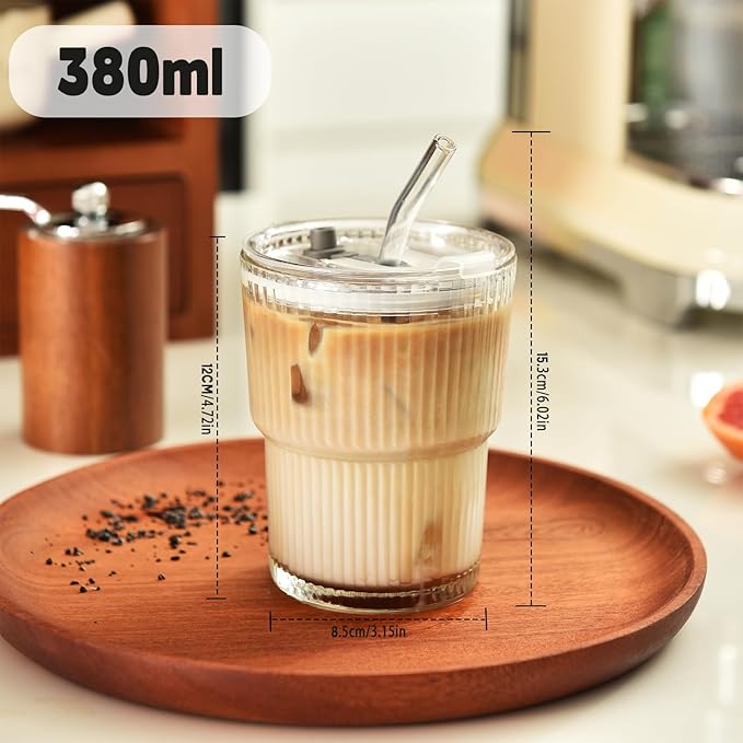 Haundry 14 oz Ribbed Glass cups with Lids and Straws, 2 Pack Iced Coffee Cups, Thickened Glassware Set, Ripple Design Glass Cups for Coffee, Soda, Smoothies, Cocktails and Juice