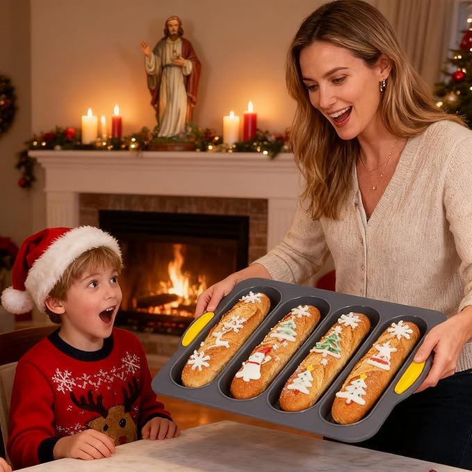 Silicone Bread Loaf Pan, Nonstick Sourdough Loaf Pan & Heat Resistant Baguette Bread Pan, Silicone Molds for Baking Hoagie Rolls, Hot Dog Bun (Grey-Hot Dog)
