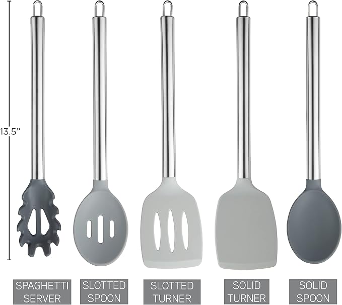 COOK WITH COLOR Silicone Cooking Utensils, Kitchen Utensil Set, Easy to Clean Silicone Kitchen Utensils, Cooking Utensils for Nonstick Cookware, Kitchen Gadgets Set, 5 Pieces, Grey Ombre - Image 4