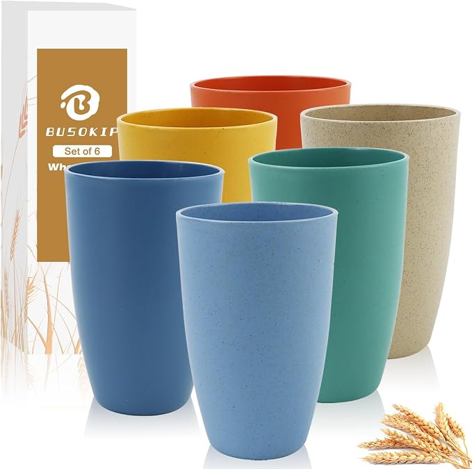 Wheat Straw Cups, 20 OZ Large Cups Set of 6, Unbreakable Drinking Cups, Alternative to Plastic Cups Reusable, Dishwasher & Microwave Safe Water Tumblers for Kitchen, Camping(Multicolor) by BUSOKIP