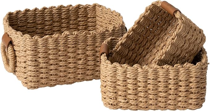LA JOLIE MUSE Small Wicker Baskets for Organizing, Desert 3 Pack | Decorative Organizer with Vegan Leather Tag, Round Handle, Storage Baskets for Shelves, Bedroom, Kitchen, Office and Home by LaJol%C3%ADeMuse