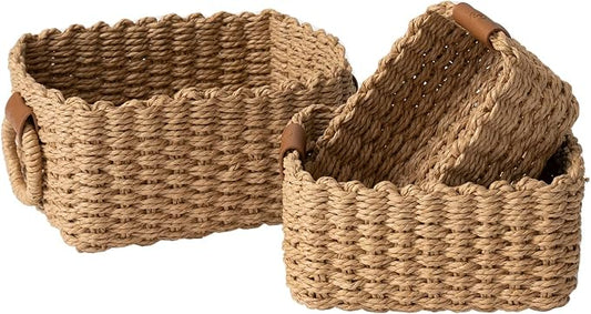 LA JOLIE MUSE Small Wicker Baskets for Organizing, Desert 3 Pack | Decorative Organizer with Vegan Leather Tag, Round Handle, Storage Baskets for Shelves, Bedroom, Kitchen, Office and Home by LaJol%C3%ADeMuse