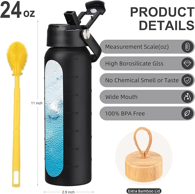 24 oz Glass Water Bottle with 2 Lids-Handle Straw Lid & Bamboo Lid,1 Liter Motivataional Tumbler Water Bottle Time Marker, Borosilicate Glass Water Bottles With Silicone Sleeve, Leakproof