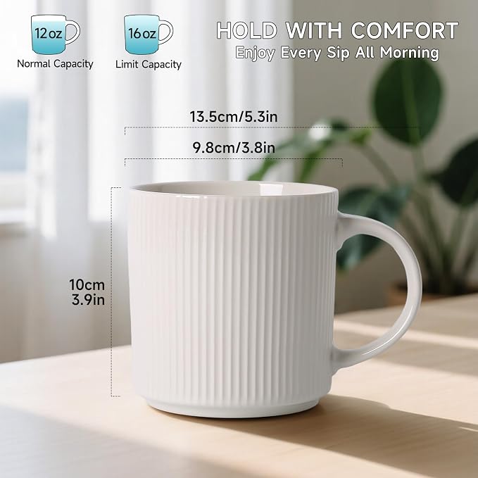 MONITO 16Oz Coffee Mugs Set of 4, Rustic Ceramic Coffee Cups Set with Large Handle, Vintage Striped Stoneware Coffee Mugs for Latte, Cocoa, Tea, Milk, Microwave & Dishwasher Safe, White - Image 2