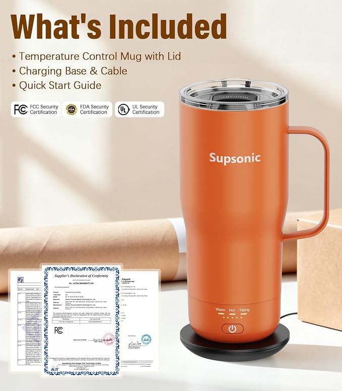 Supsonic Heated Coffee Mug Rechargeable, 20oz Long-Lasting Battery (S3) | Dry-burn protection, 2Hr auto-off, 3-Temp settings, Constant temperature, Inner stainless steel, Warm gift for men women - Image 8